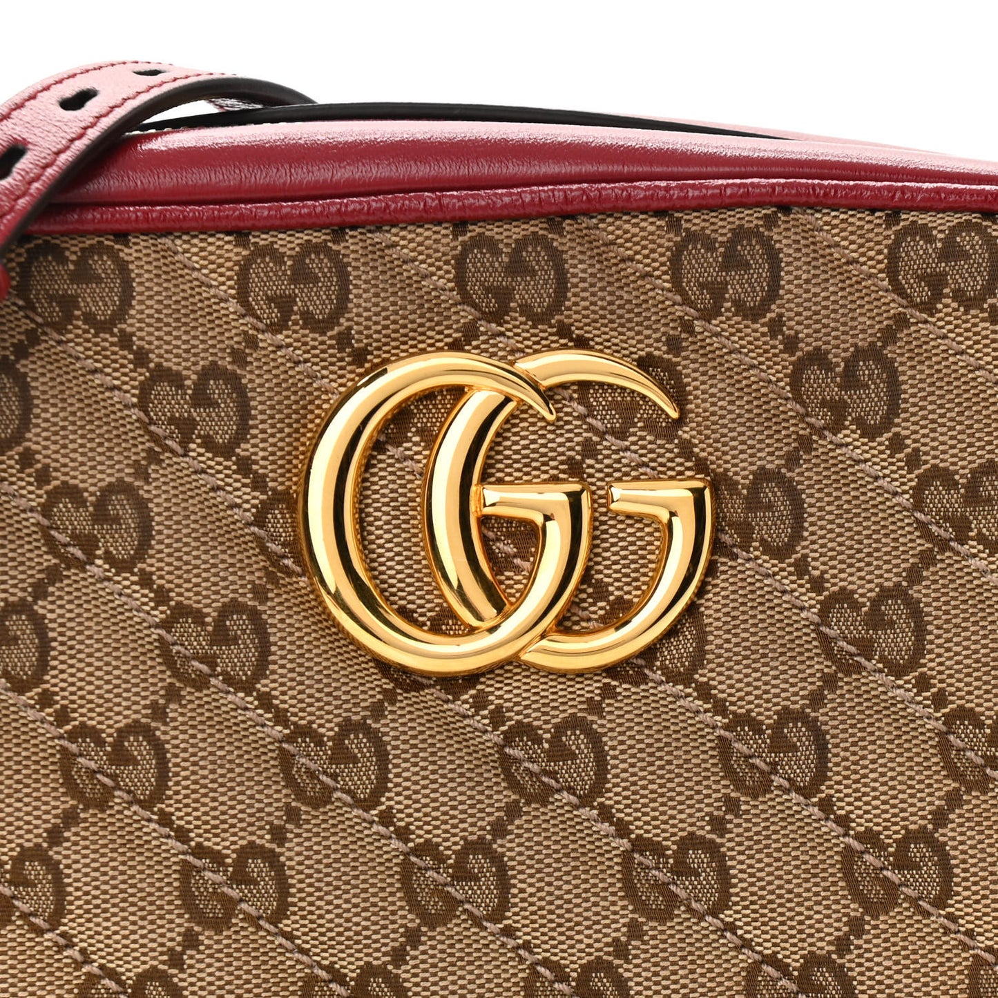 Monogram Azalea Calfskin Matelasse Diagonal Small GG Marmont Chain Shoulder Bag Beige Ebony New Cherry Red
