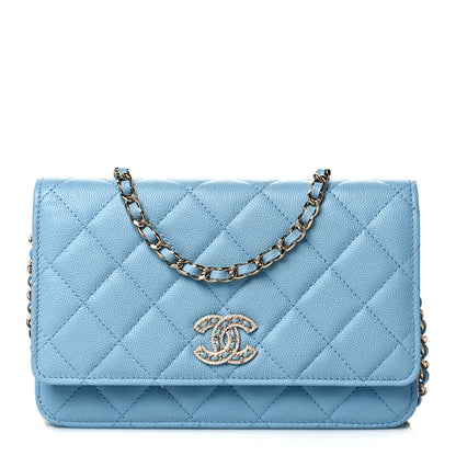 Chanel Caviar Quilted Crystal CC Wallet On Chain WOC Light Blue 1 of 12