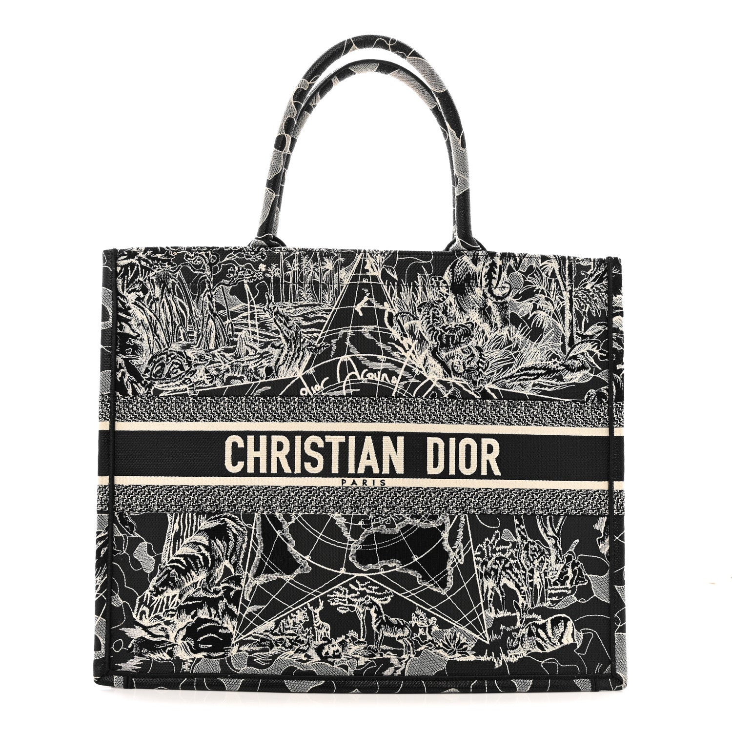 Christian Dior Canvas Embroidered Large Around The World Book Tote Black White 1 of 14