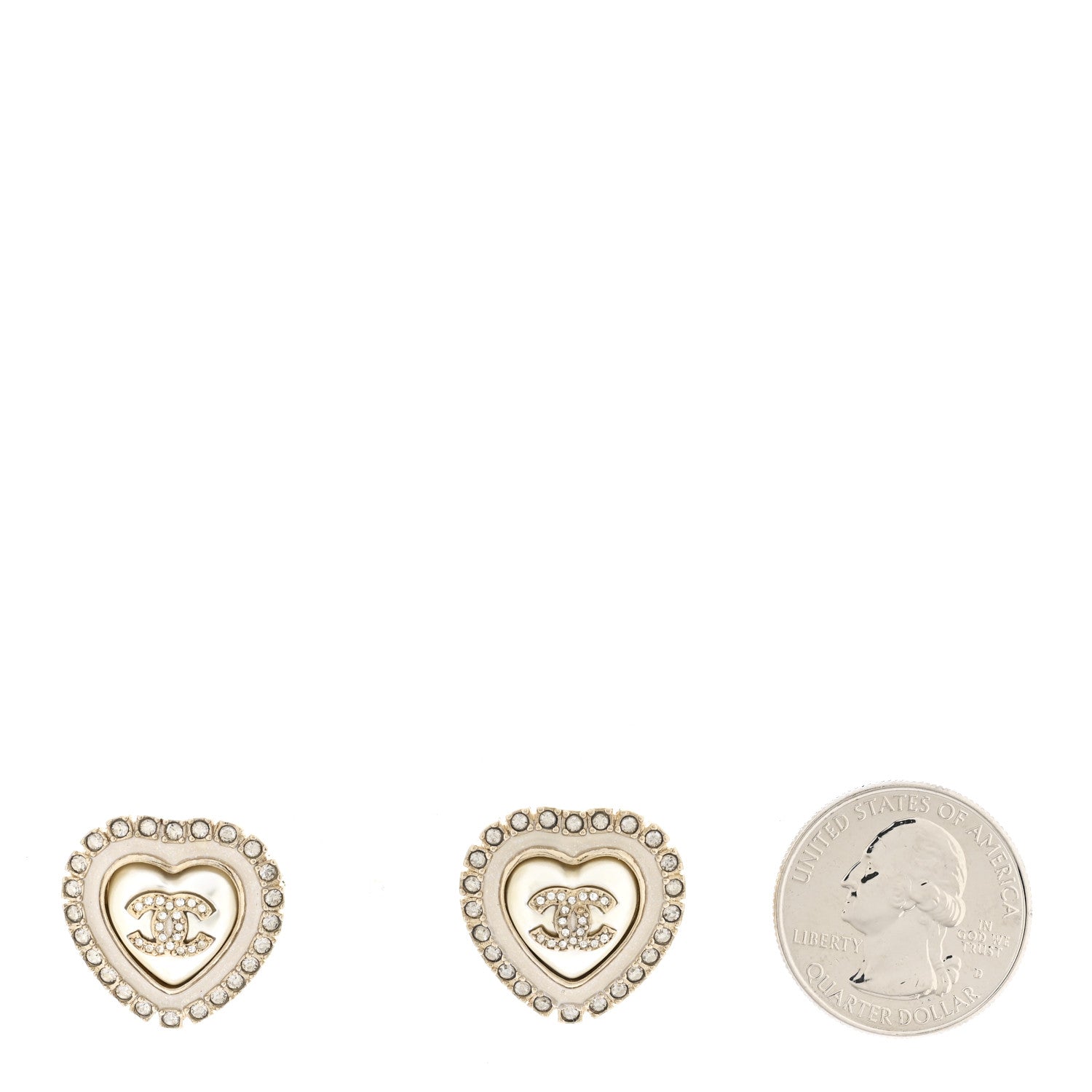 Chanel Pearl Crystal CC Heart Earrings Gold White Gold 2 of 5