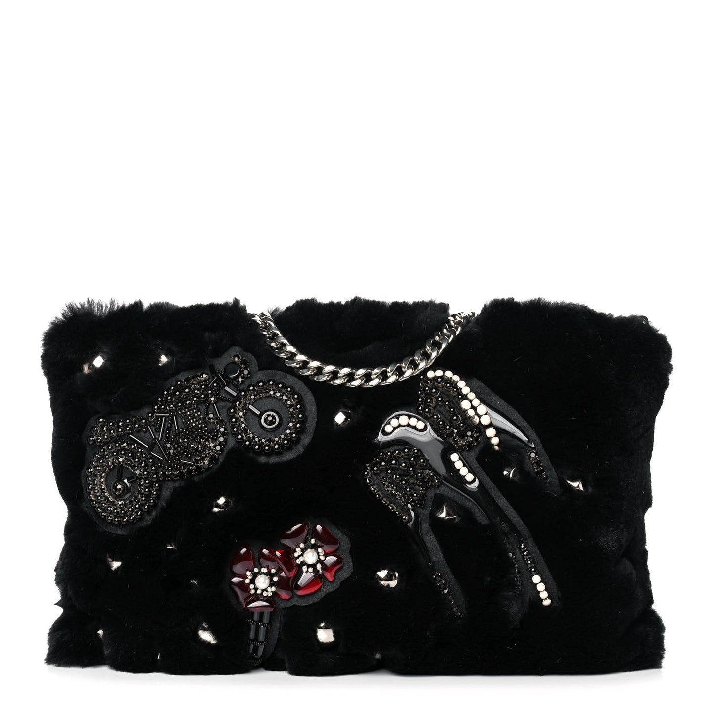 Rabbit Fur Embellished Crossbody Black