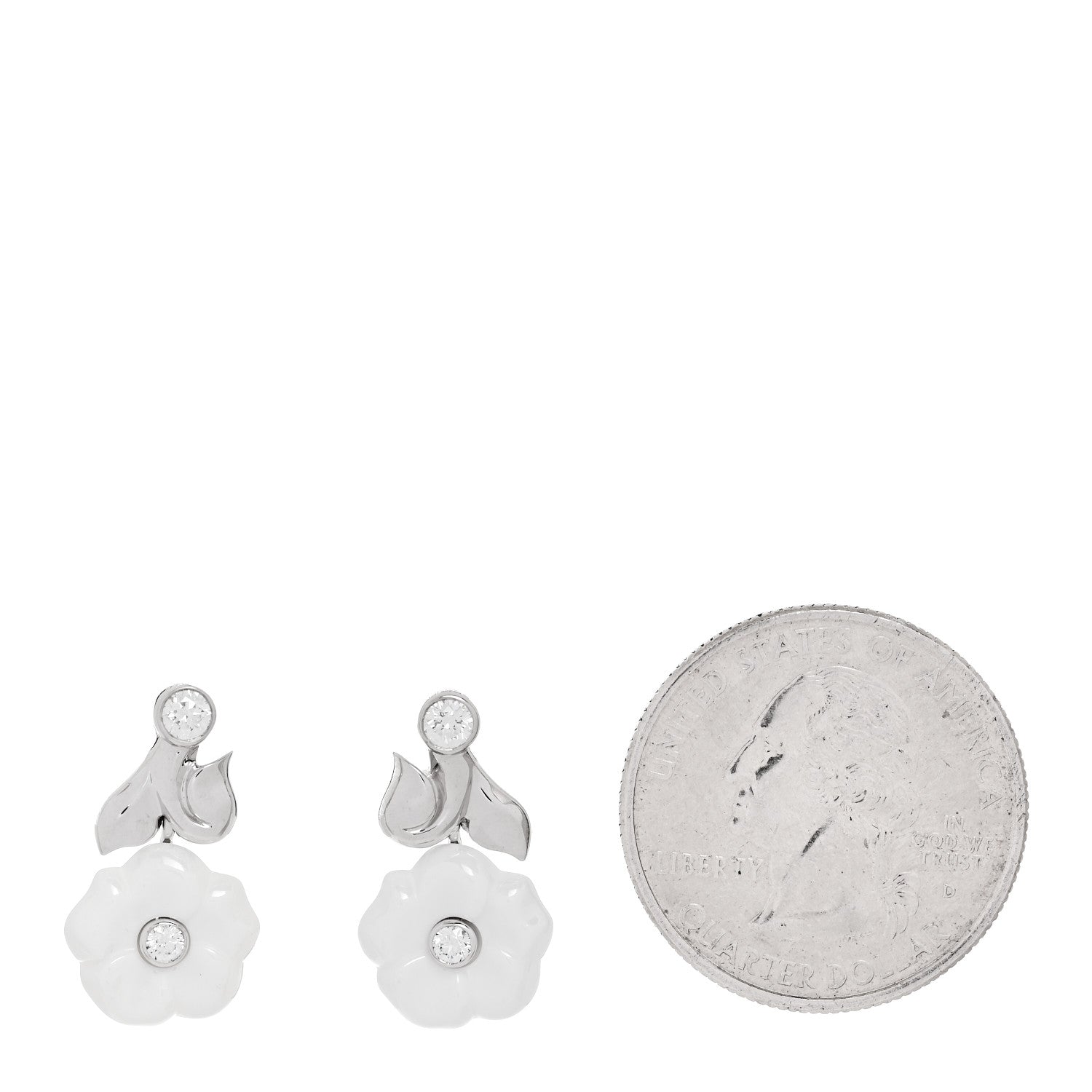 Chanel 18K White Gold Diamond Ceramic Camellia Drop Earrings 2 of 4