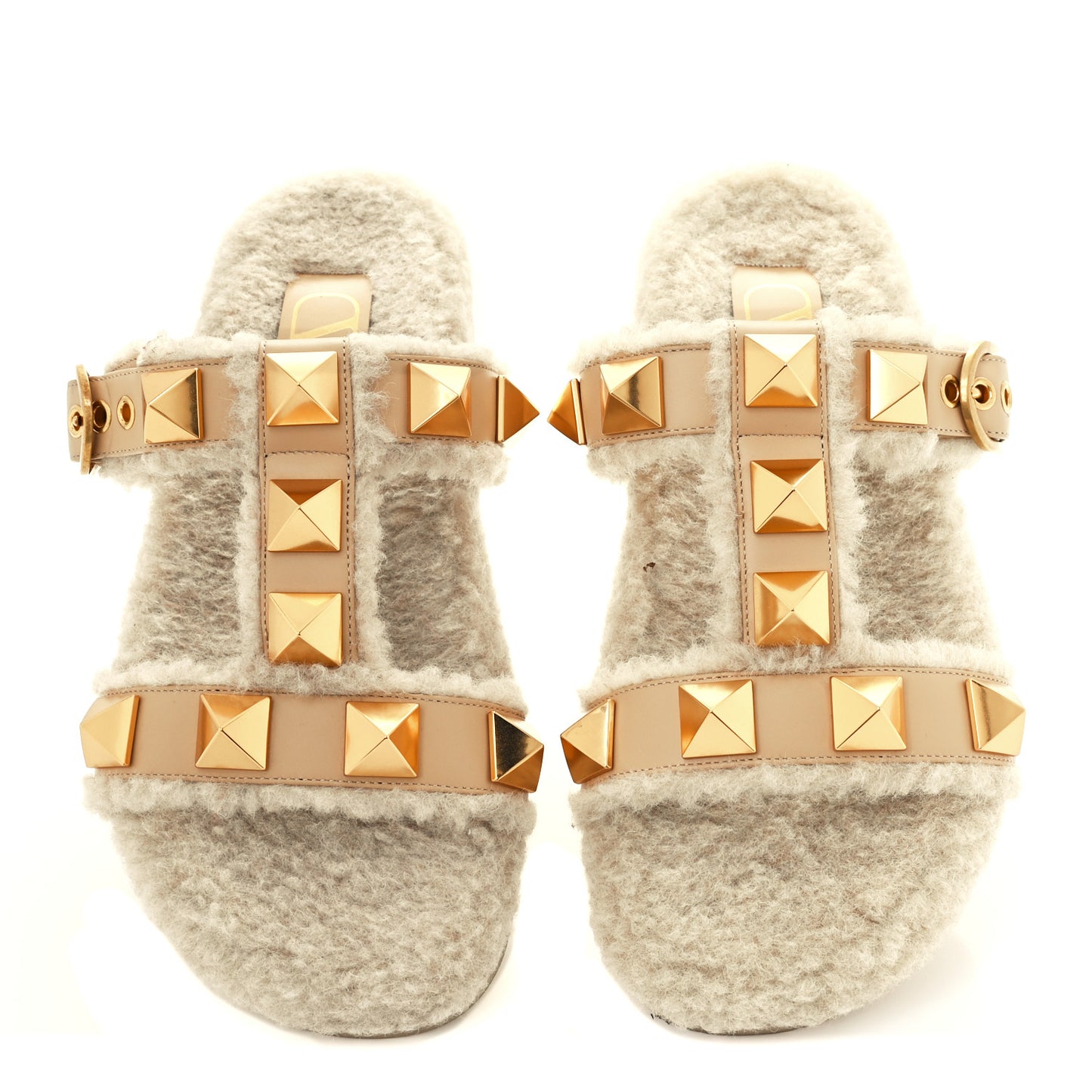 Shearling Roman Stud Slide Sandals 37 Sahara Beige