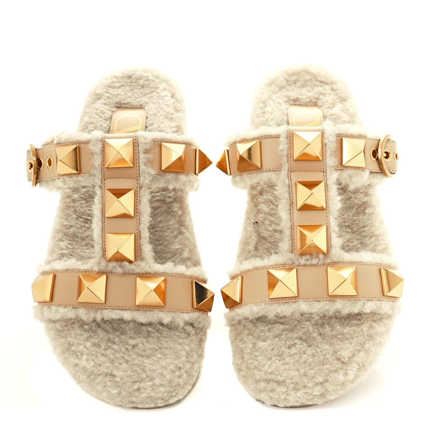 Valentino Garavani Shearling Roman Stud Slide Sandals 37 Sahara Beige 5 of 10