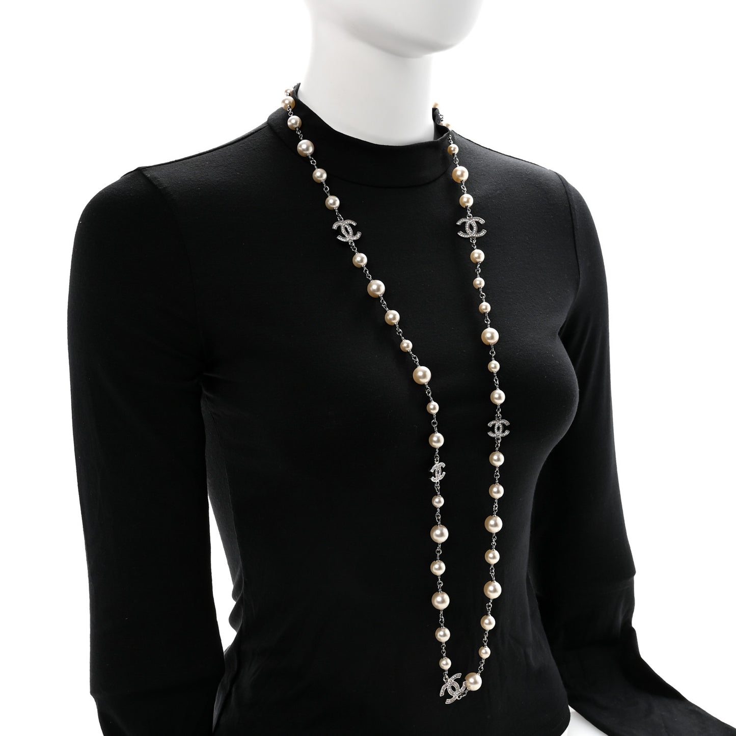Graduated Pearl Crystal CC Long Necklace Silver