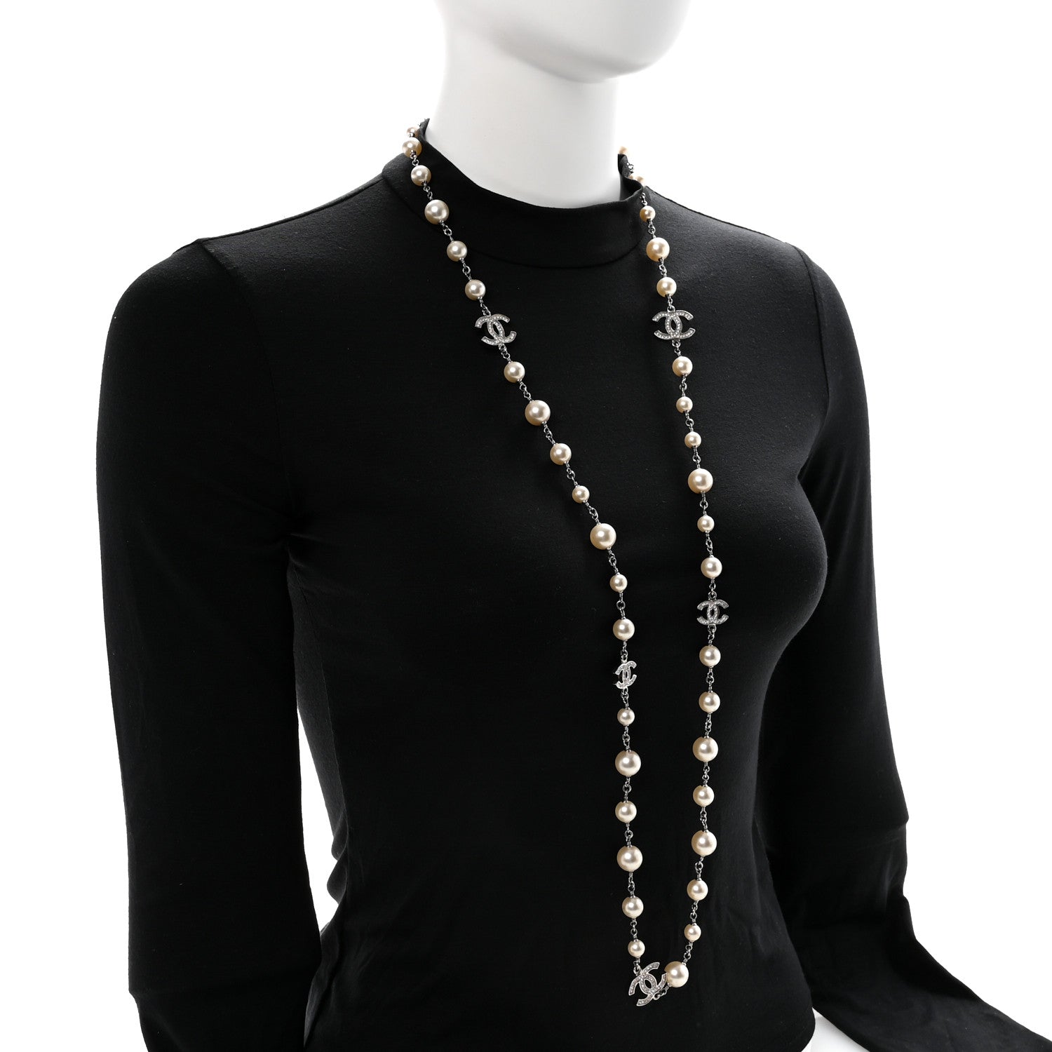 Chanel Graduated Pearl Crystal CC Long Necklace Silver 2 of 6