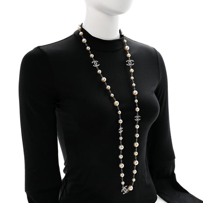 Chanel Graduated Pearl Crystal CC Long Necklace Silver 2 of 6