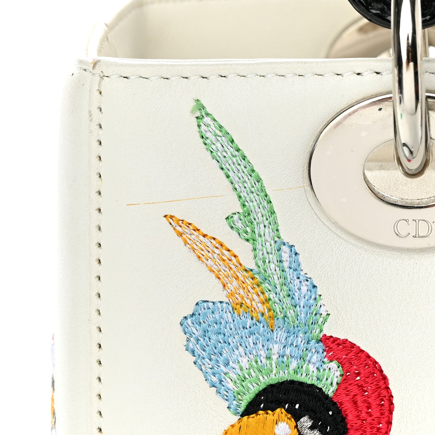 Smooth Calfskin Embroidered Medium Lady Dior White Multicolor
