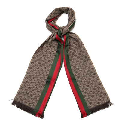 Gucci Wool Silk GG Monogram Web Verbier Fringe Scarf Light Brown Dark Green 1 of 4