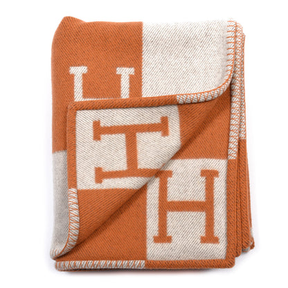 Hermes Wool Cashmere Signature Classic Avalon Blanket Ecru Potiron 2 of 3