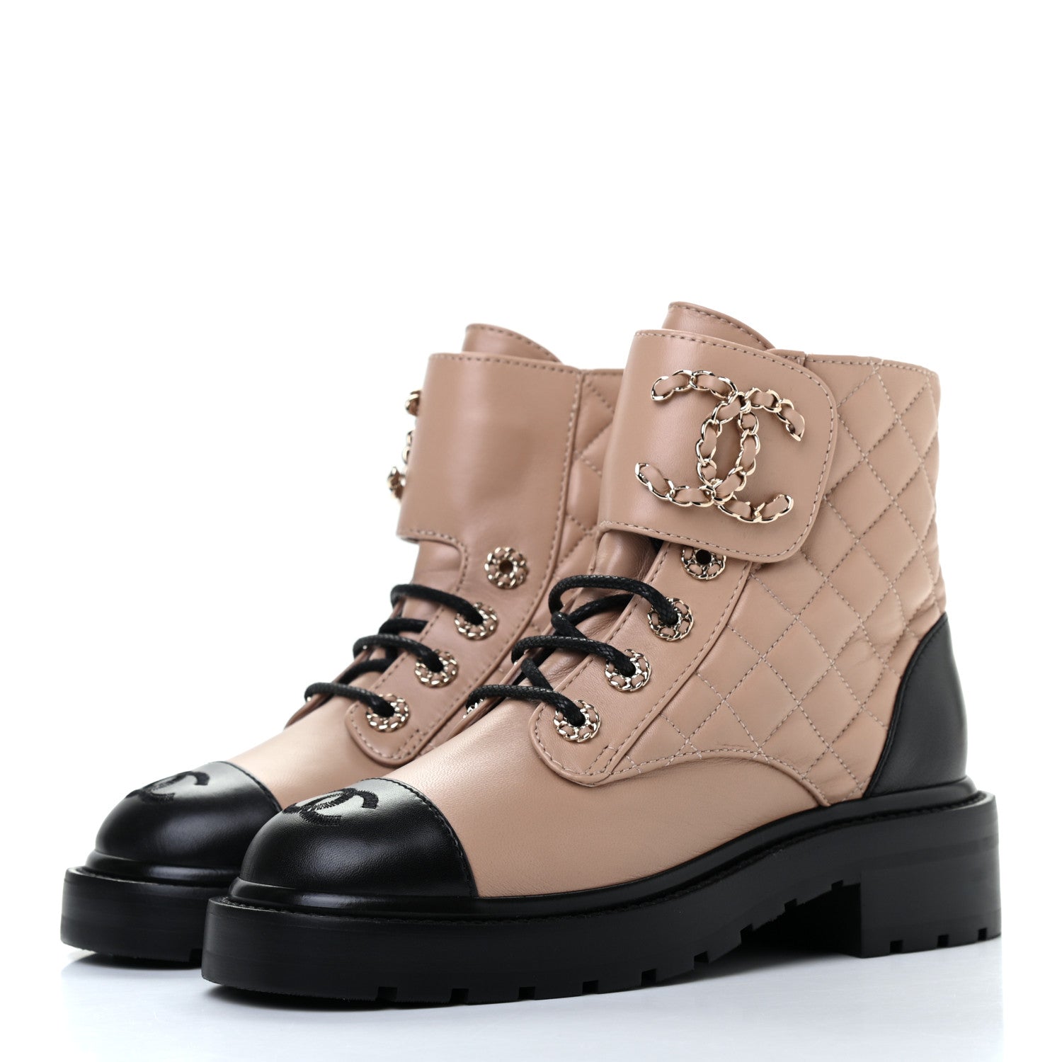 Chanel Shiny Lambskin Quilted Lace Up Combat Boots 35 Beige Black 3 of 8