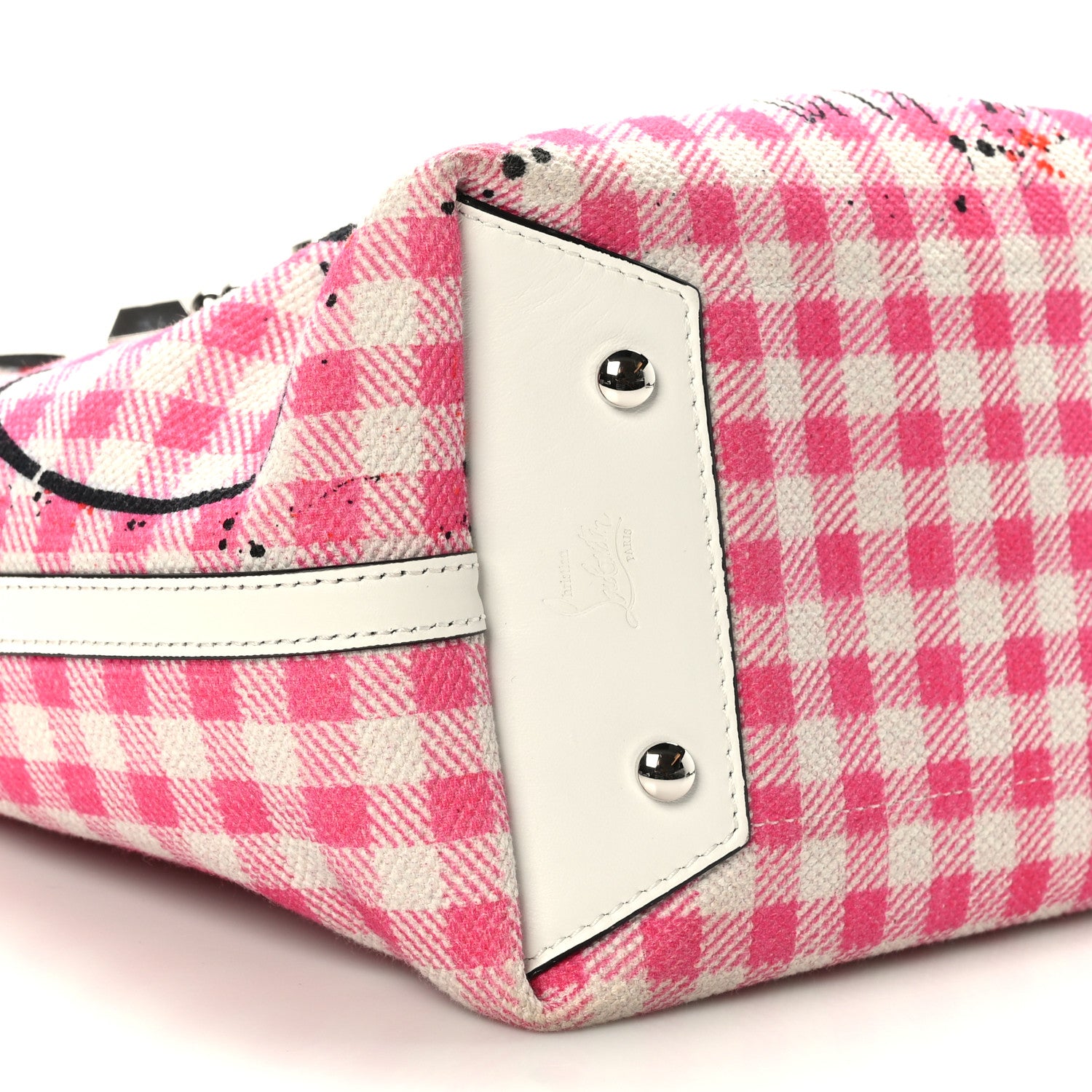 Christian Louboutin Canvas Gingham Printed Mini Frangibus Tote Pink White 6 of 7
