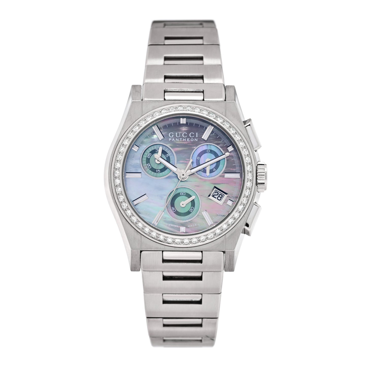 Stainless Steel Diamond Bezel Black Mother of Pearl 34mm Pantheon Chronograph Quartz Watch