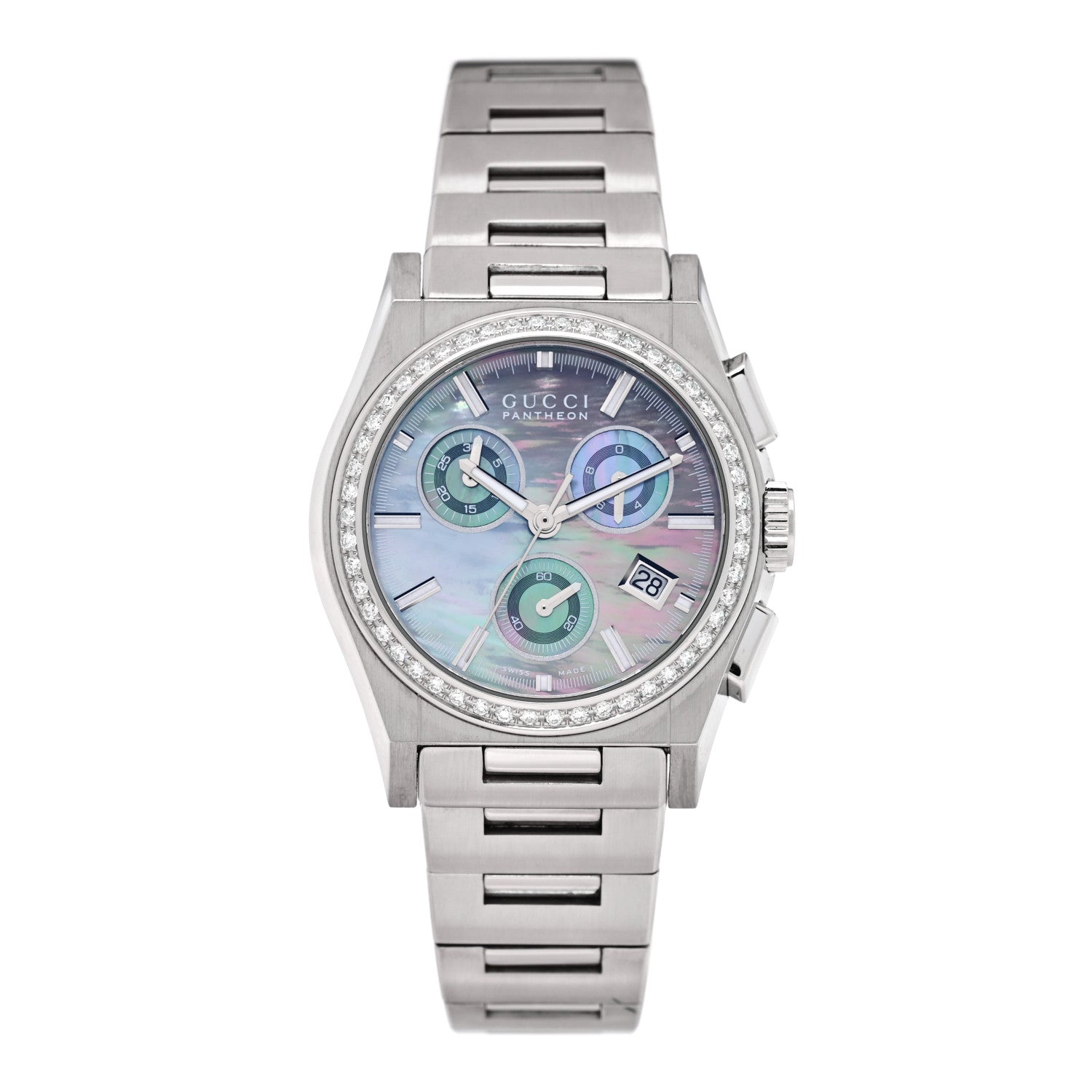 Gucci Stainless Steel Diamond Bezel Black Mother of Pearl 34mm Pantheon Chronograph Quartz Watch 1 of 4
