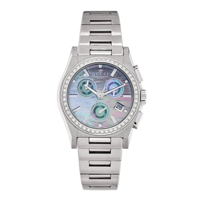 Gucci Stainless Steel Diamond Bezel Black Mother of Pearl 34mm Pantheon Chronograph Quartz Watch 1 of 4