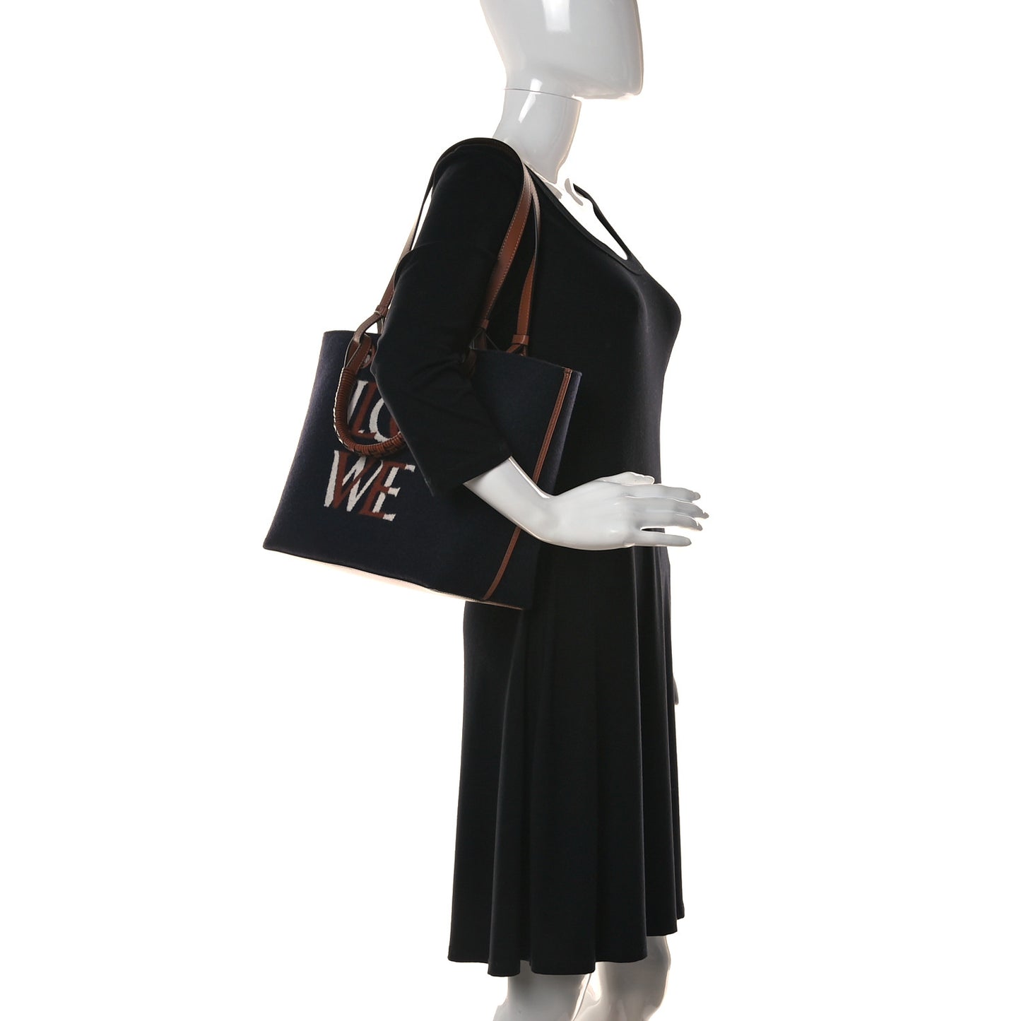 Wool Calfskin Small Love Anagram Tote Navy Tan