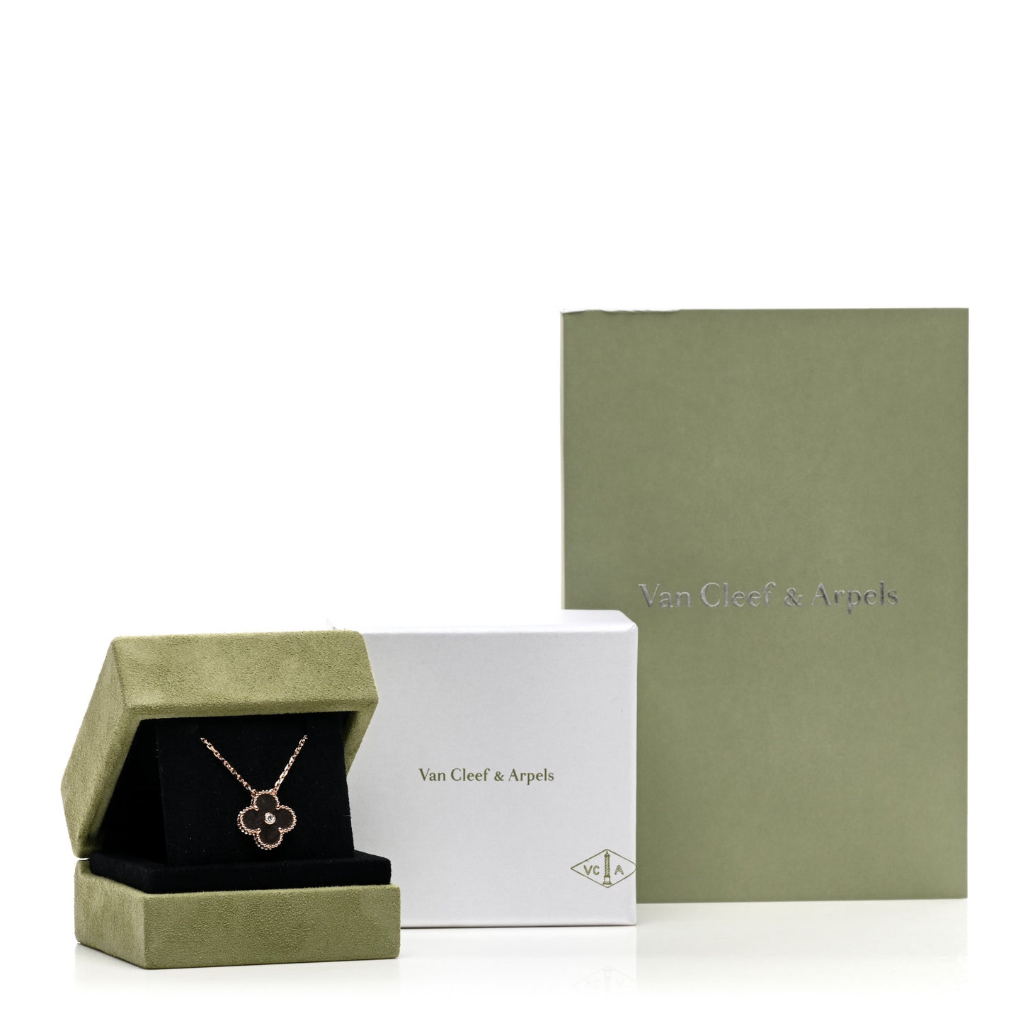 18K Rose Gold Diamond Silver Obsidian Vintage Alhambra Pendant Necklace