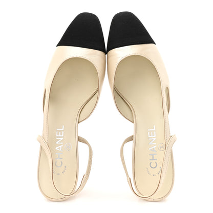 Chanel Lambskin Grosgrain Cap Toe CC Slingback Pumps 38 White Black 2 of 14