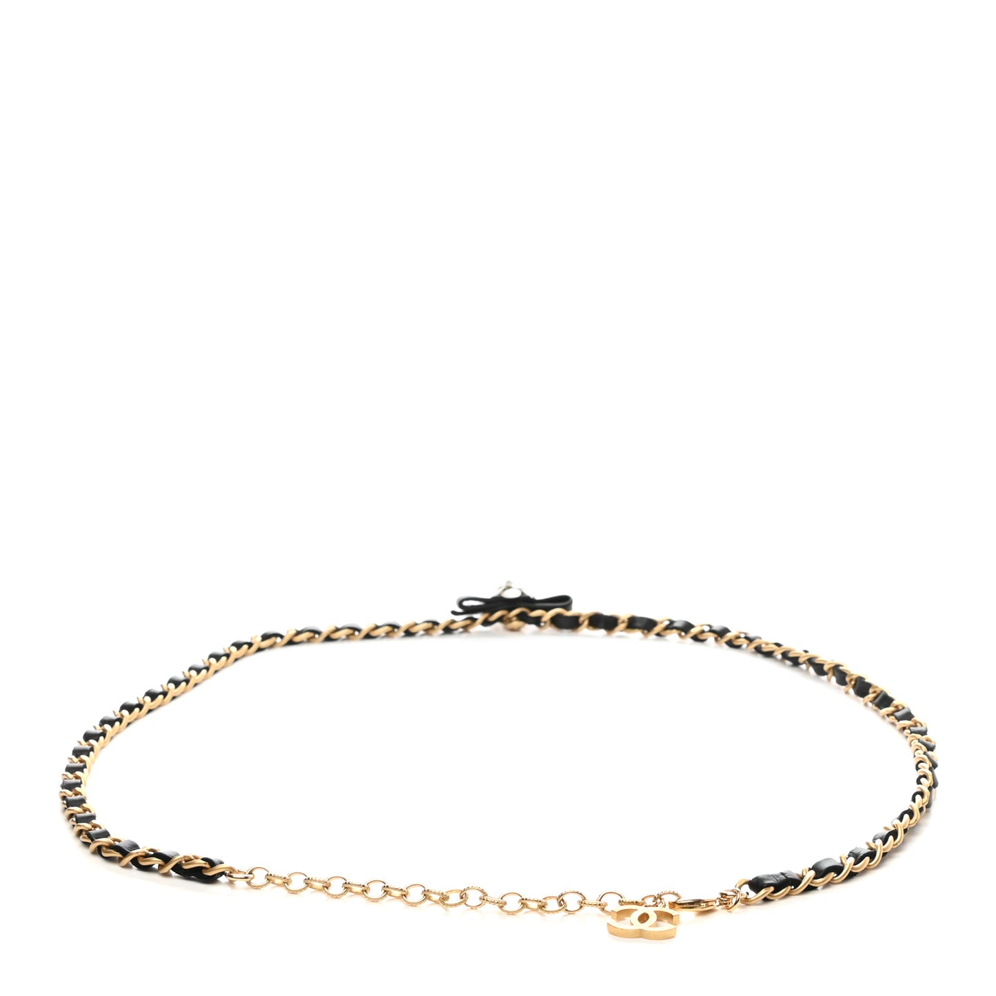Calfskin Crystal Chain Camellia Belt 80 Black Gold