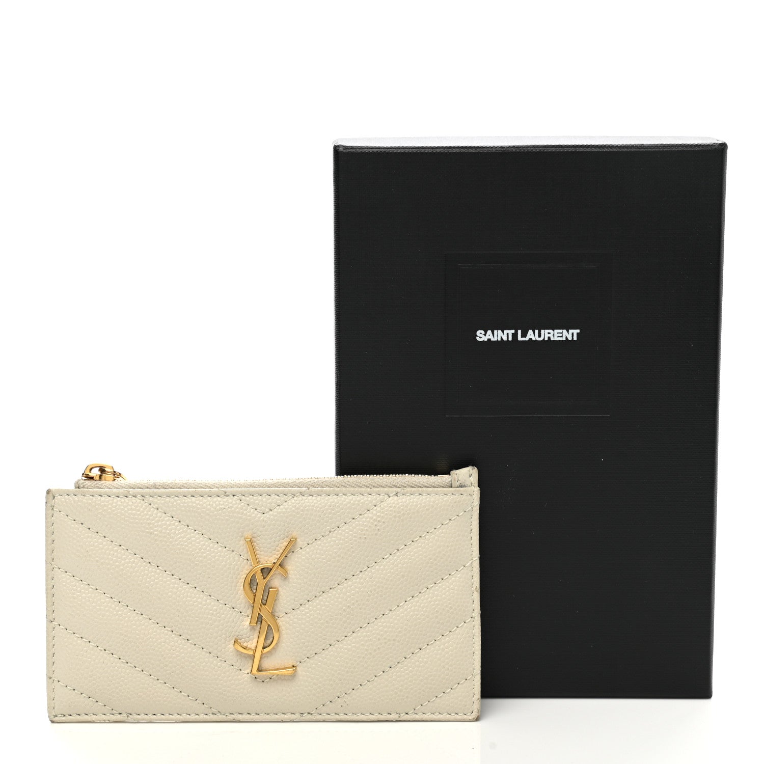 Saint Laurent Grain De Poudre Matelasse Chevron Monogram Fragments Zippered Card Case Blanc Vintage 12 of 12