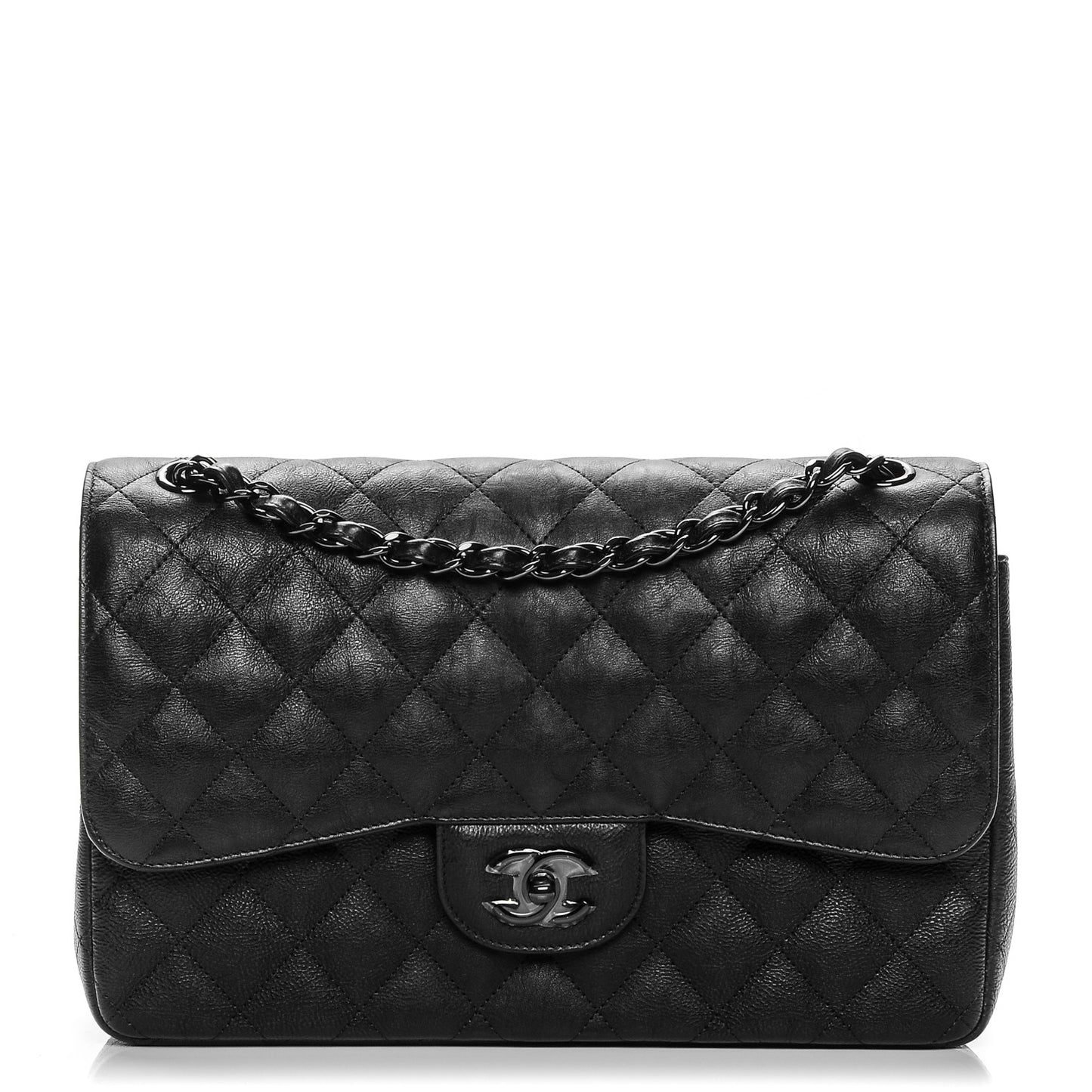 Crumpled Calfskin Quilted Jumbo Double Flap So Black