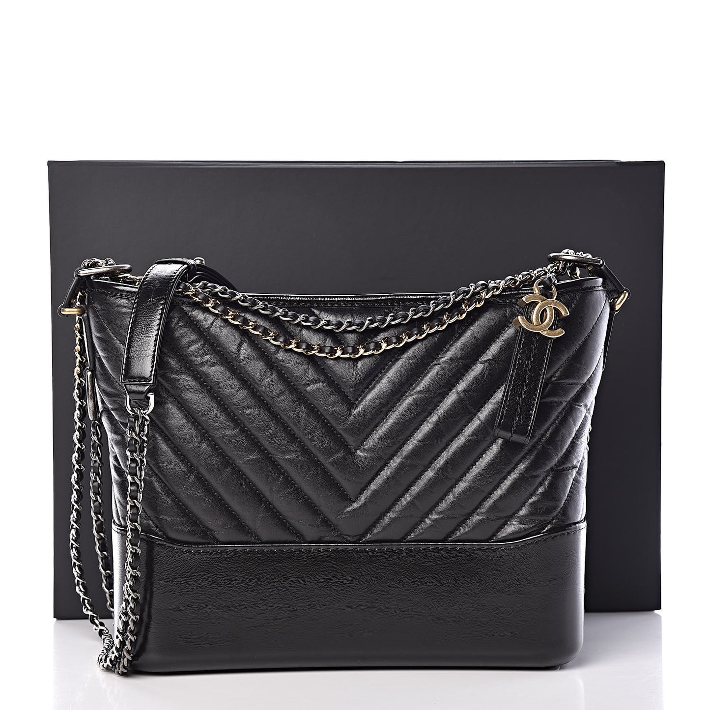 Aged Calfskin Chevron Quilted Medium Gabrielle Hobo Black