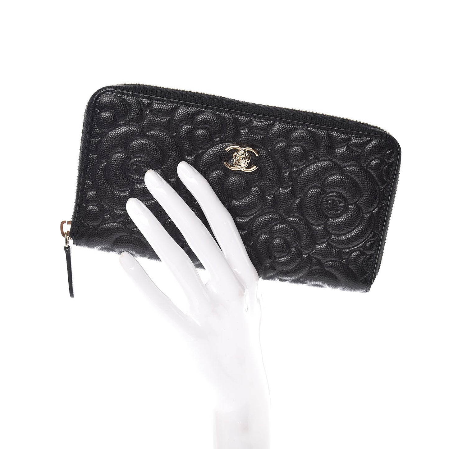 Caviar Camellia Embossed Large Zip Around Gusset Wallet Black