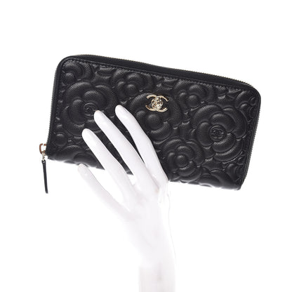 Chanel Caviar Camellia Embossed Large Zip Around Gusset Wallet Black 2 of 8