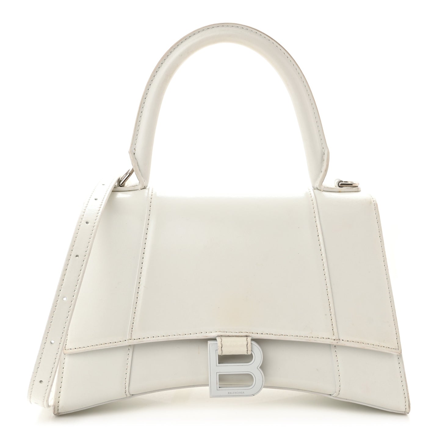 Shiny Box Calfskin Tonal B Small Hourglass Top Handle Bag White