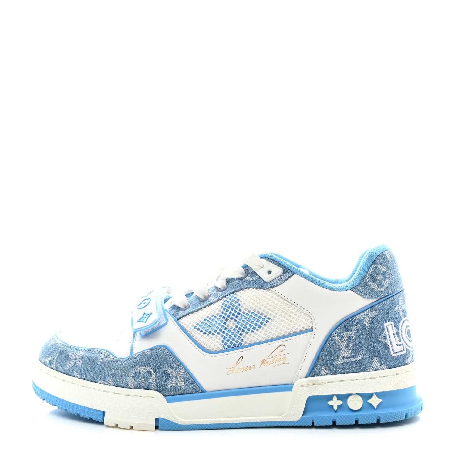 Louis Vuitton Calfskin Monogram Denim Mens LV Trainer Sneakers 9 Blue White 1 of 10