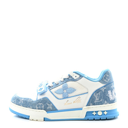 Louis Vuitton Calfskin Monogram Denim Mens LV Trainer Sneakers 9 Blue White 1 of 10