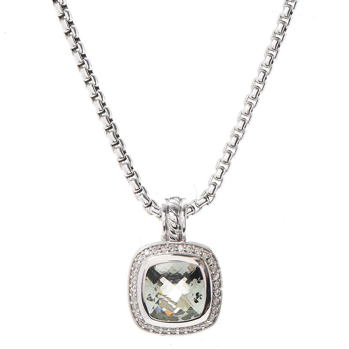 Sterling Silver 14K Yellow Gold Diamond Prasiolite 11mm Albion Pendant Necklace