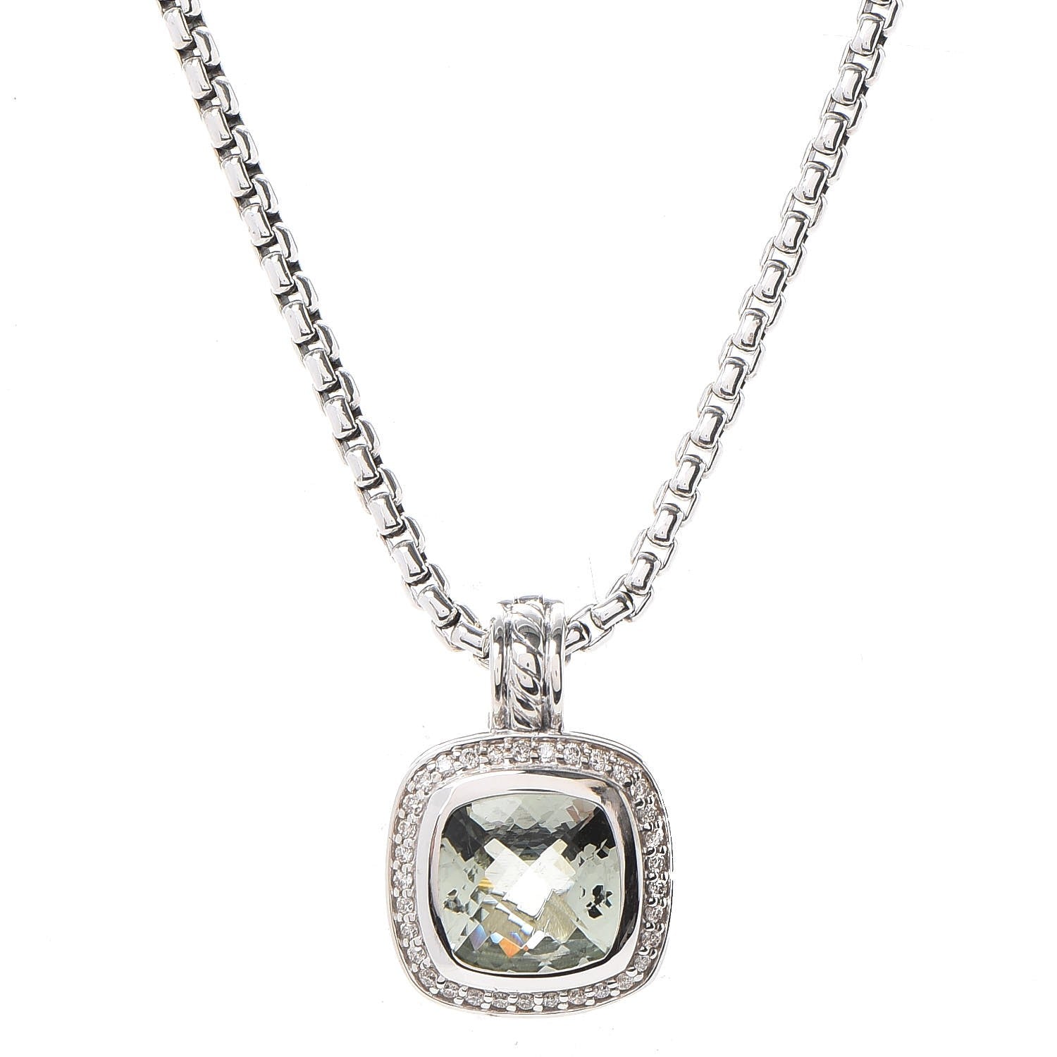 David Yurman Sterling Silver 14K Yellow Gold Diamond Prasiolite 11mm Albion Pendant Necklace 1 of 7