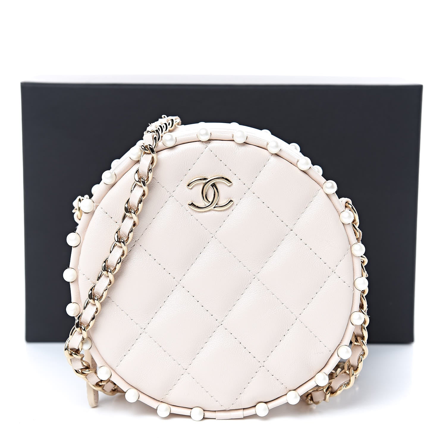 Chanel Calfskin Quilted Pearl Round Clutch With Chain White 10 of 10