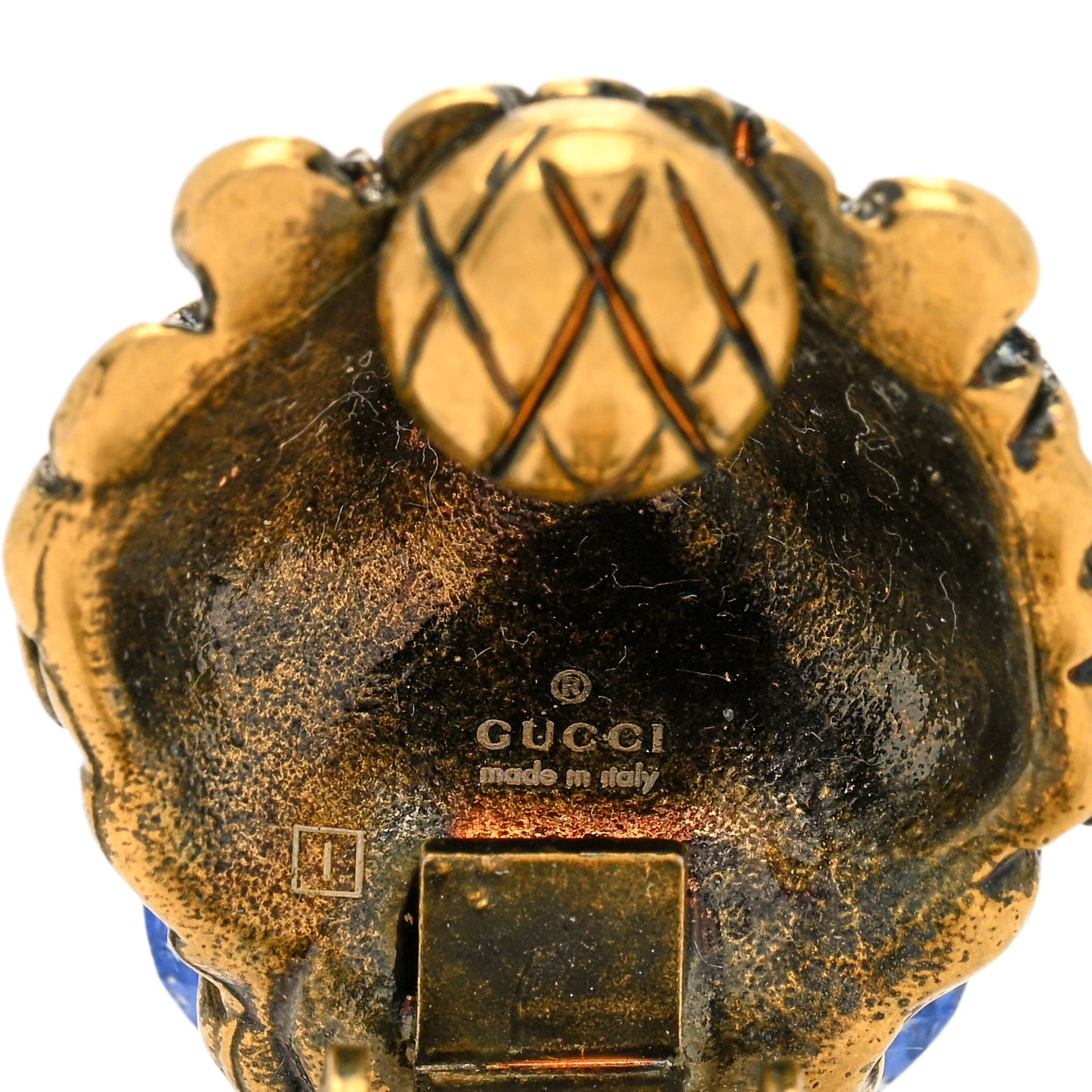 Metal Crystal Lion Clip On Earrings Aged Gold Blue