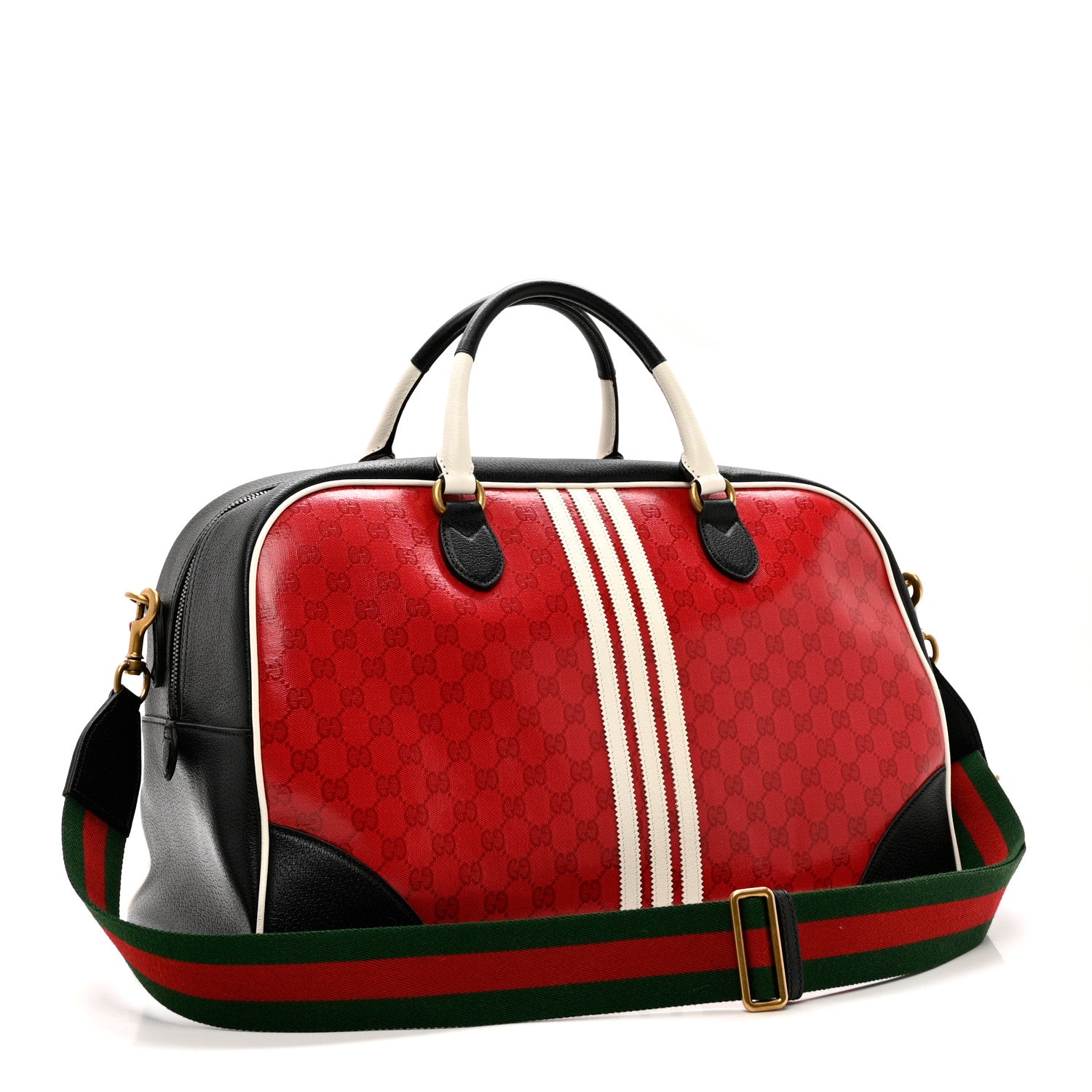 Gucci X ADIDAS Crystal Vintage Monogram Textured Dollar Calfskin Web Trefoil Logo Large Duffle Bag Hibiscus Red Off White Black 2 of 8