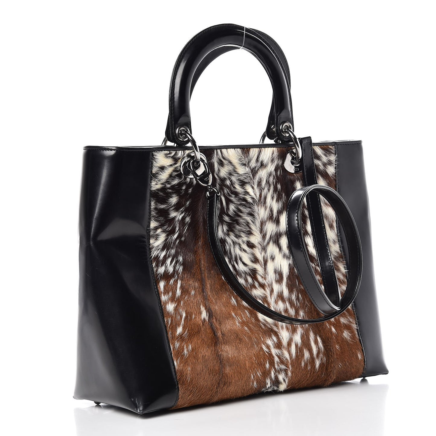 Patent Pony Hair Deer Print Large Lady Dior Black