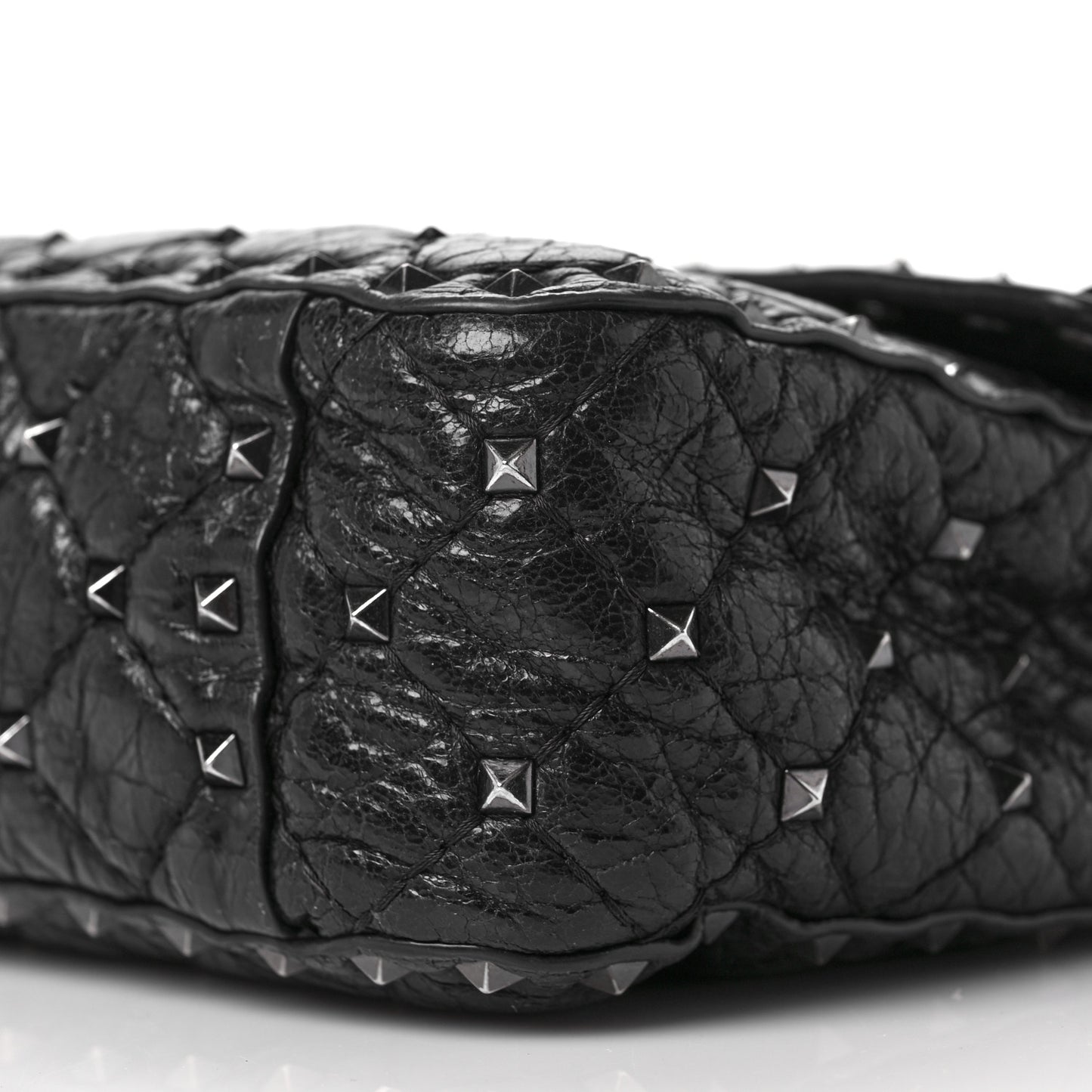 Craquele Nappa Medium Rockstud Spike Shoulder Bag Black