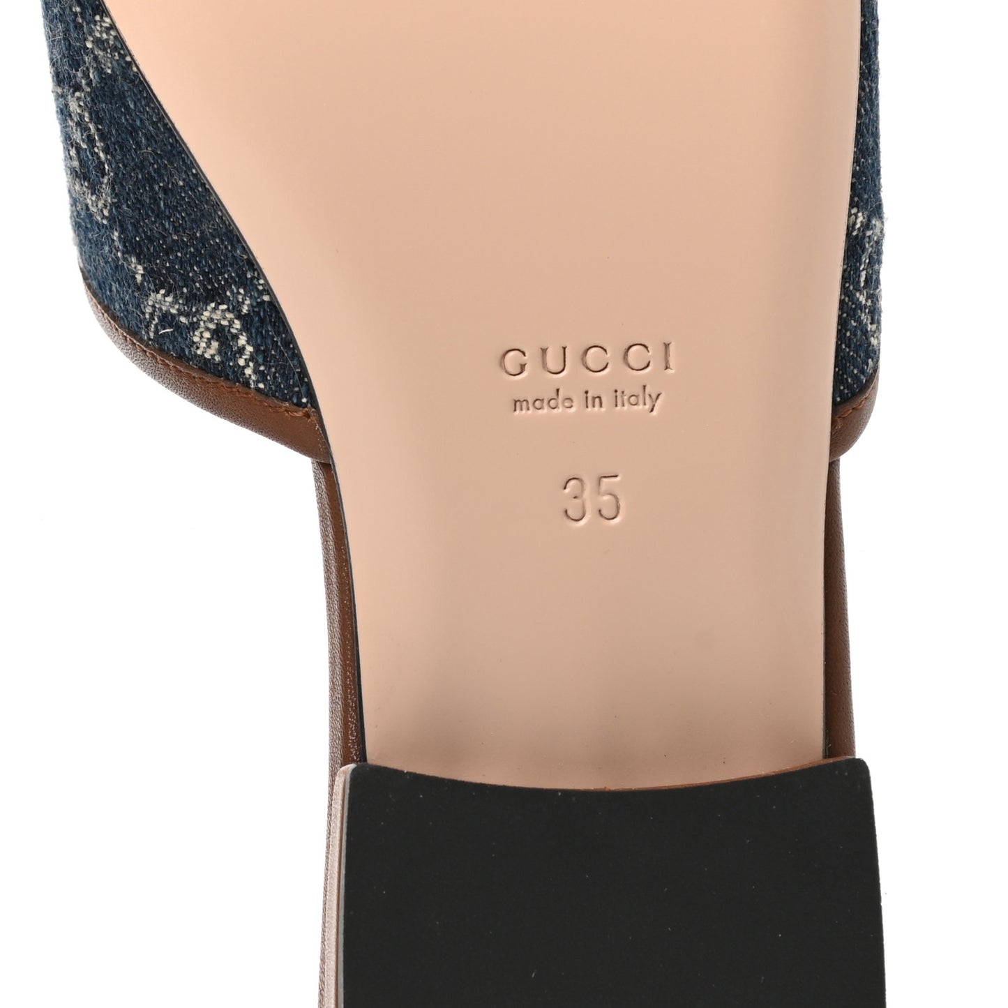 New Denim GG Monogram Miro Soft Calfskin Jolie Slide Sandals 35 Blue Tea Cuir Epilog