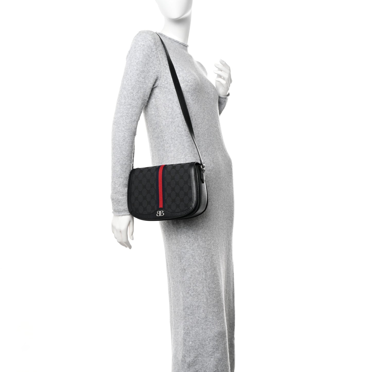 X BALENCIAGA BB Supreme Monogram Web Ophidia Shoulder Bag Black