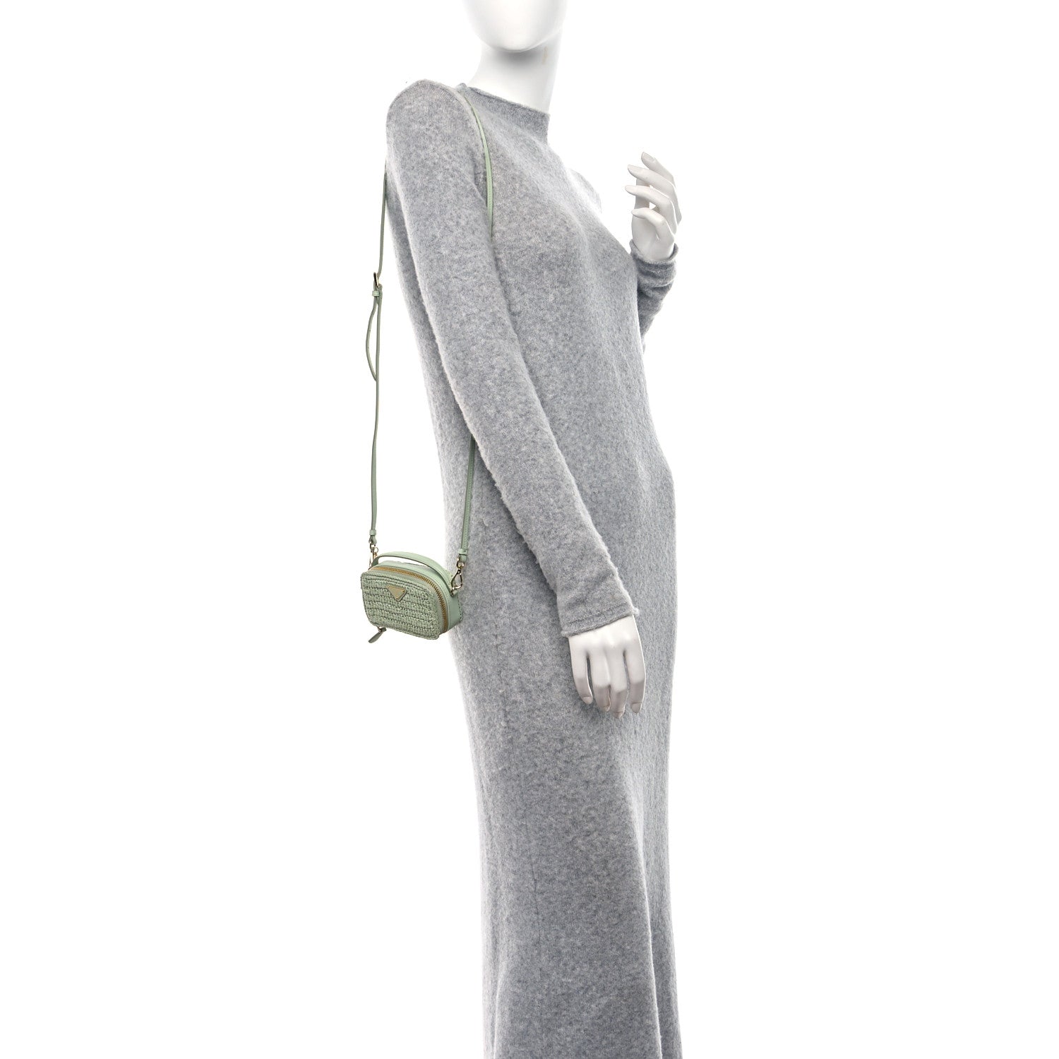 Prada Yarn Raffia Effect Calfskin Crochet Metal Triangle Logo Mini Pouch with Handle Acqua 2 of 10