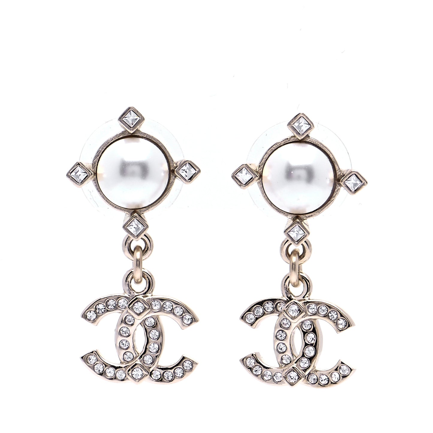 Crystal Pearl CC Drop Earrings Gold
