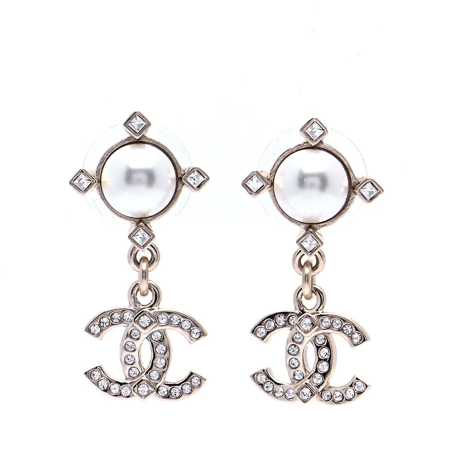 Chanel Crystal Pearl CC Drop Earrings Gold 1 of 6