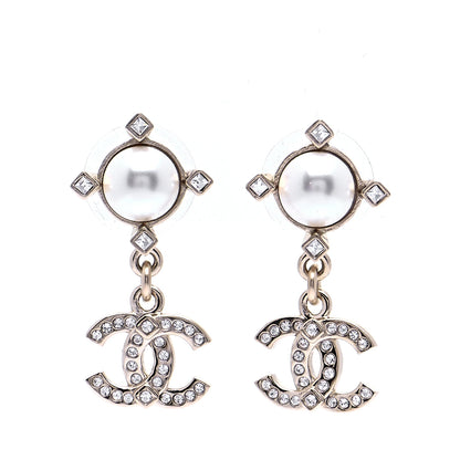 Chanel Crystal Pearl CC Drop Earrings Gold 1 of 6