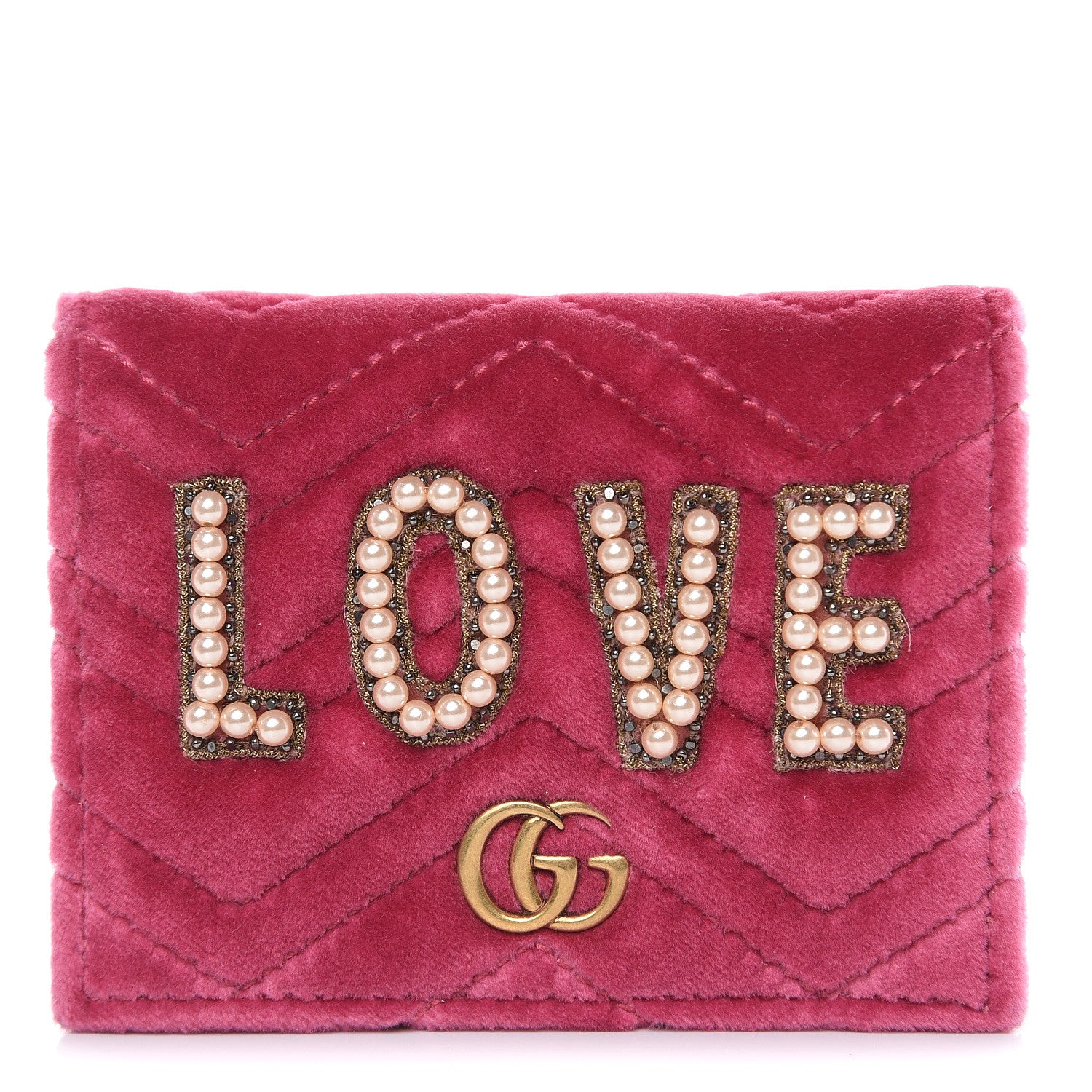 Gucci Velvet Matelasse Pearl Love Embroidered GG Marmont Card Case Wallet Light Raspberry Rose 1 of 9