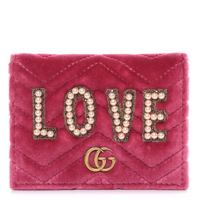 Gucci Velvet Matelasse Pearl Love Embroidered GG Marmont Card Case Wallet Light Raspberry Rose 1 of 9
