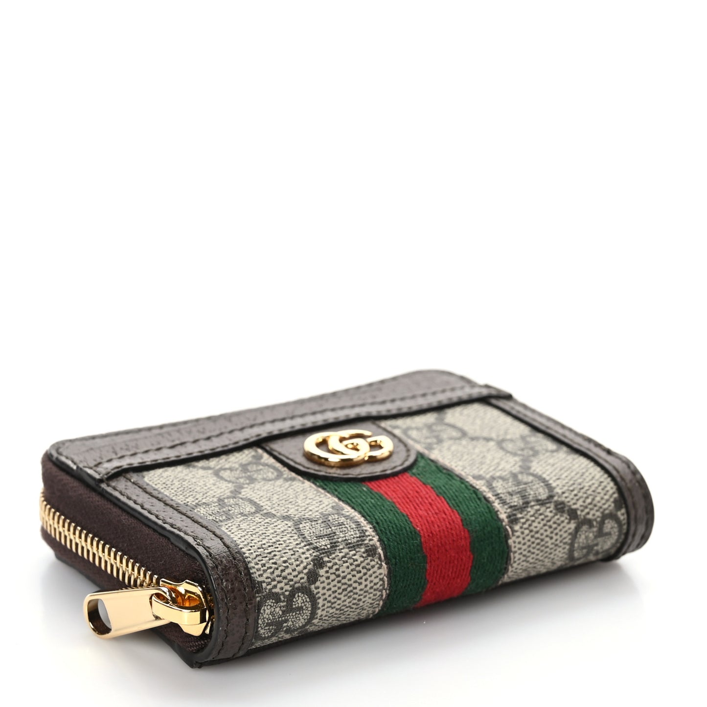 GG Supreme Monogram Textured Dollar Calfskin Web Ophidia Zip Around Card Case Wallet Beige Ebony New Acero