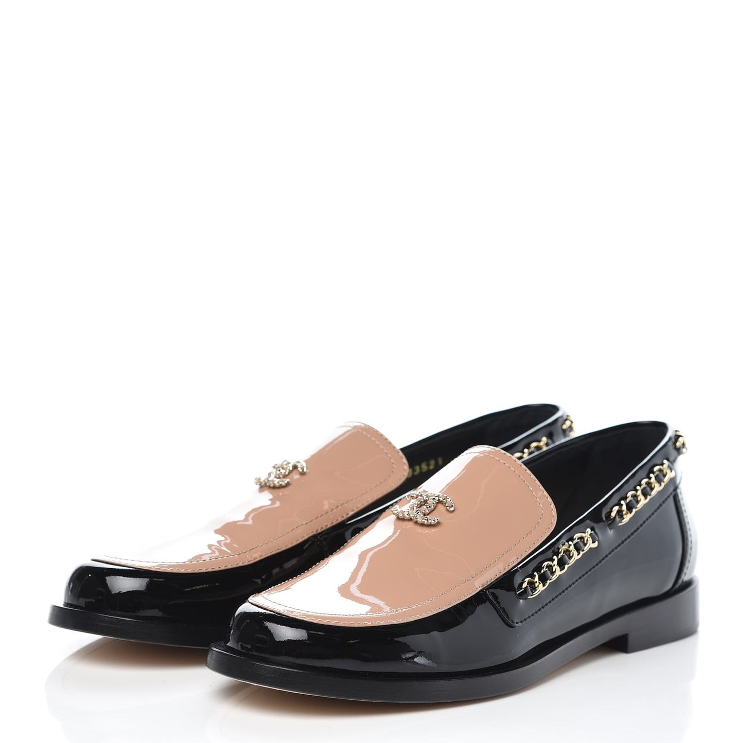 Patent Calfskin CC Chain Mocassin Loafers 39 Black Beige