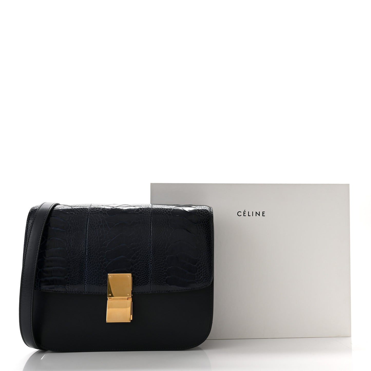Ostrich Leg Medium Classic Box Flap Bag Dark Blue