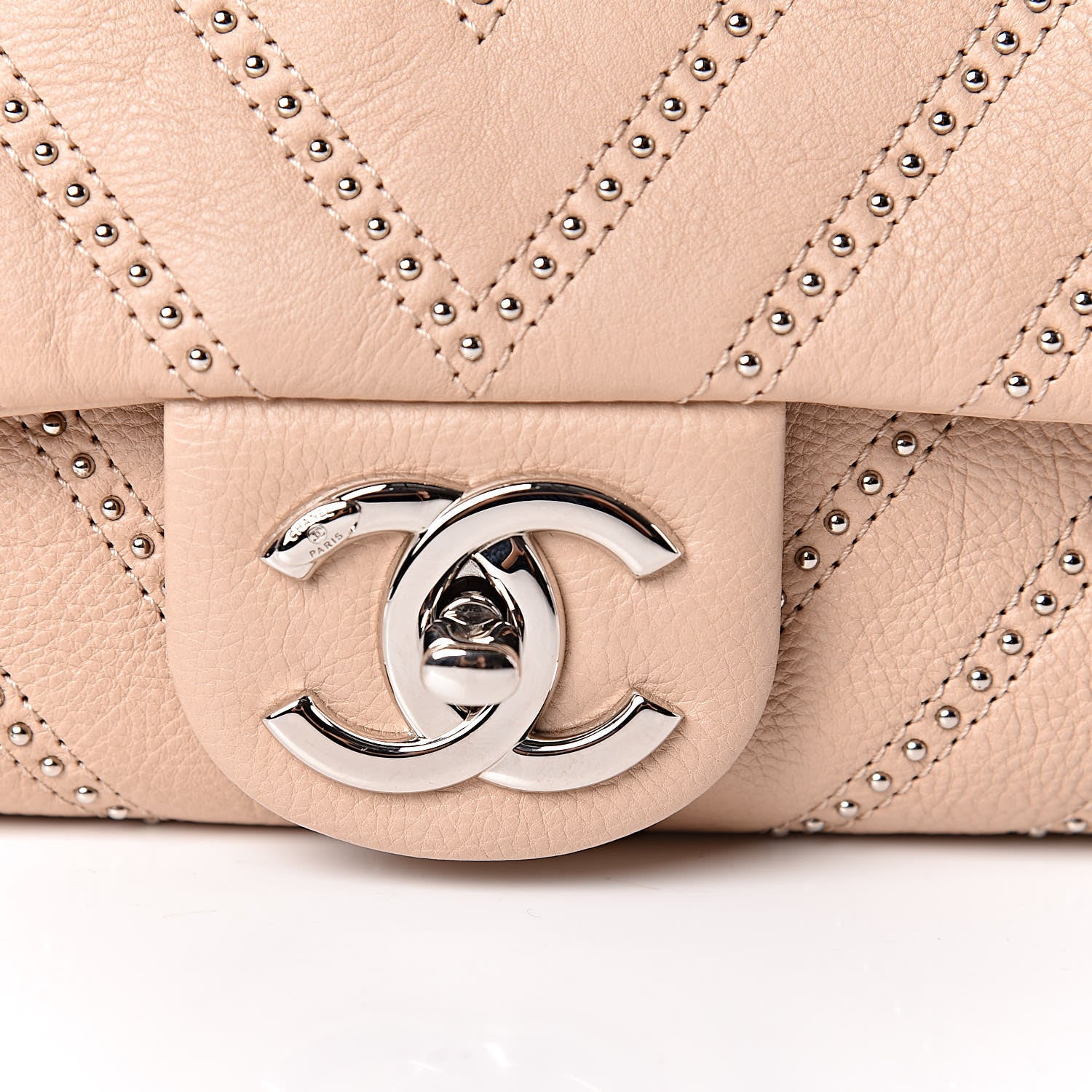 Chanel Calfskin Studded Chevron Quilted Medium Wars Flap Beige 10 of 10